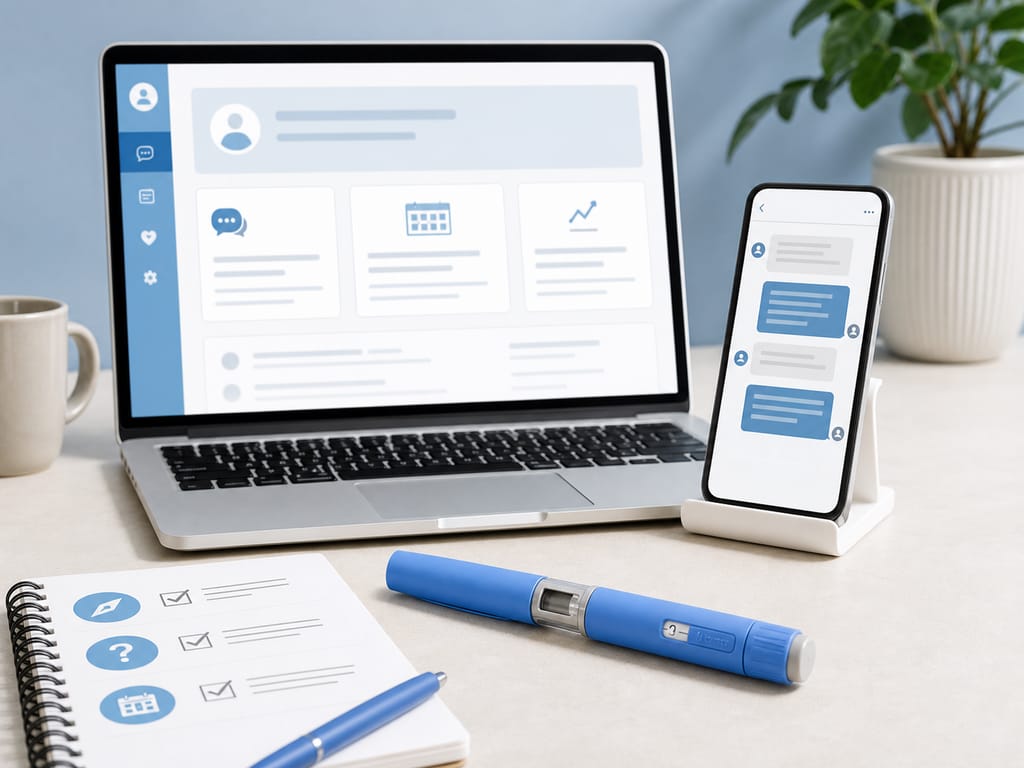 Notebook, smartphone com chat de suporte e caneta de tratamento em mesa clara.